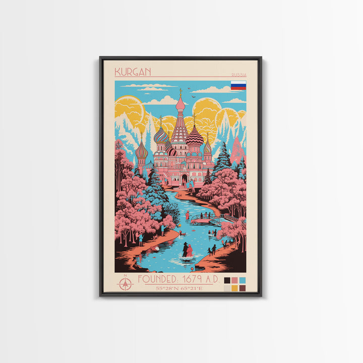 Kurgan Russia Travel Poster Framed Canvas Print, Midcentury Modern Art, Pop Art Wall Decor, Scenic Wall Art, Living Room Decoration, Office Gift