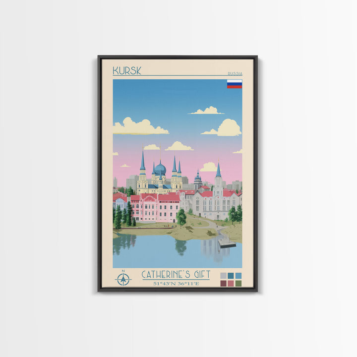 Kursk Russia Travel Poster Framed Canvas Print, Midcentury Modern Art, Pop Art Wall Decor, Scenic Bedroom Art, Office Decoration