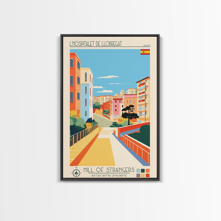 L'Hospitalet de Llobregat Spain Travel Poster Framed Canvas Print, Midcentury Modern Art, Pop Art Wall Decor, Home Decor, Vacation Gift, Office Art