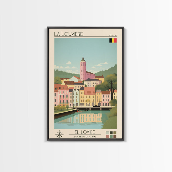 La Louvière Belgium Travel Poster Framed Canvas Print, Midcentury Modern Art, Pop Art Wall Decor, Scenic Living Room Art, Bedroom Gift