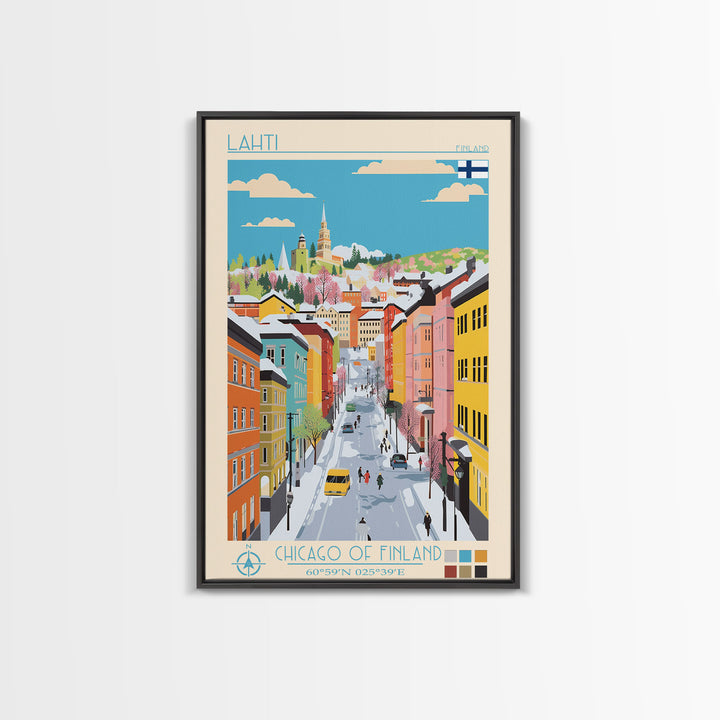 Lahti Finland Travel Poster Framed Canvas Print, Midcentury Modern Art, Pop Art Wall Decor, Scenic Wall Art, Living Room Decoration, Office Art