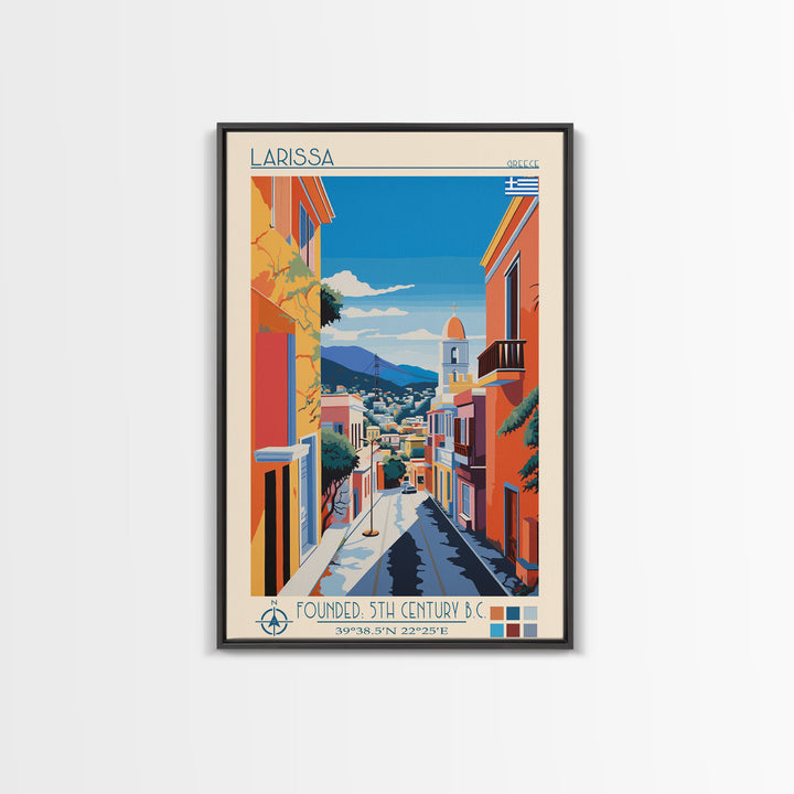 Larissa Greece Travel Poster Framed Canvas Print, Midcentury Modern Art, Pop Art Wall Decor, Scenic Wall Art, Living Room Decoration, Office Gift