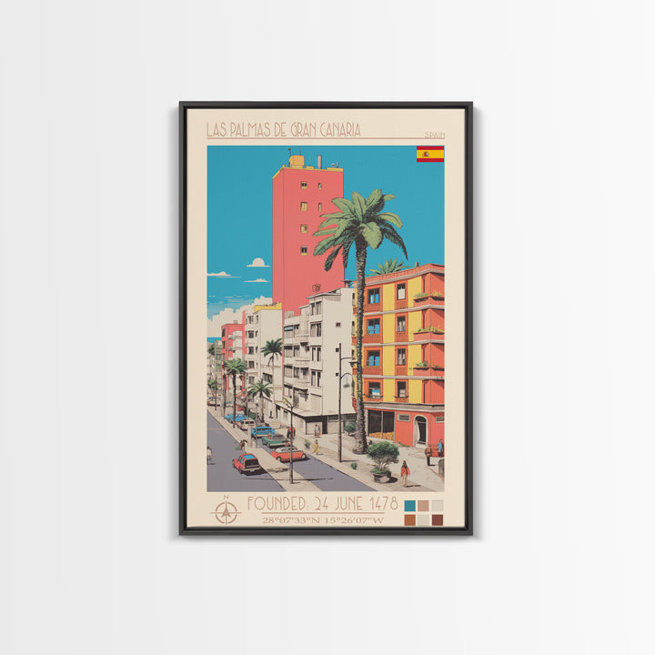 Las Palmas de Gran Canaria Spain Travel Poster Framed Canvas Print, Midcentury Modern Art, Pop Art Wall Decor, Scenic Wall Art, Bedroom Decoration