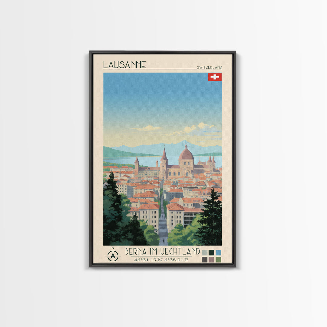 Lausanne Switzerland Travel Poster Framed Canvas Print, Midcentury Modern Art, Pop Art Wall Decor, Scenic Wall Art, Living Room Decoration, Office Art