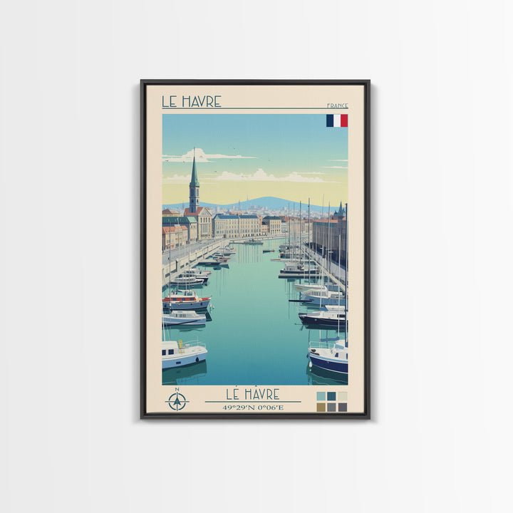 Le Havre France Travel Poster Framed Canvas Print, Midcentury Modern Art, Pop Art Wall Decor, Scenic Bedroom Art, Office Decoration