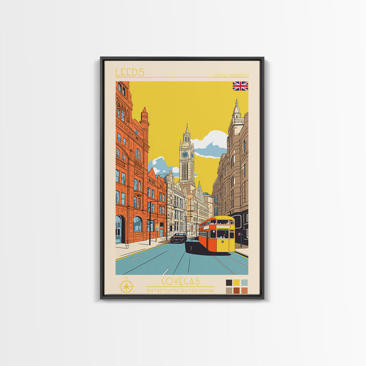 Leeds United Kingdom Travel Poster Framed Canvas Print, Midcentury Modern Art, Pop Art Wall Decor, Scenic Living Room Art, Bedroom Decor