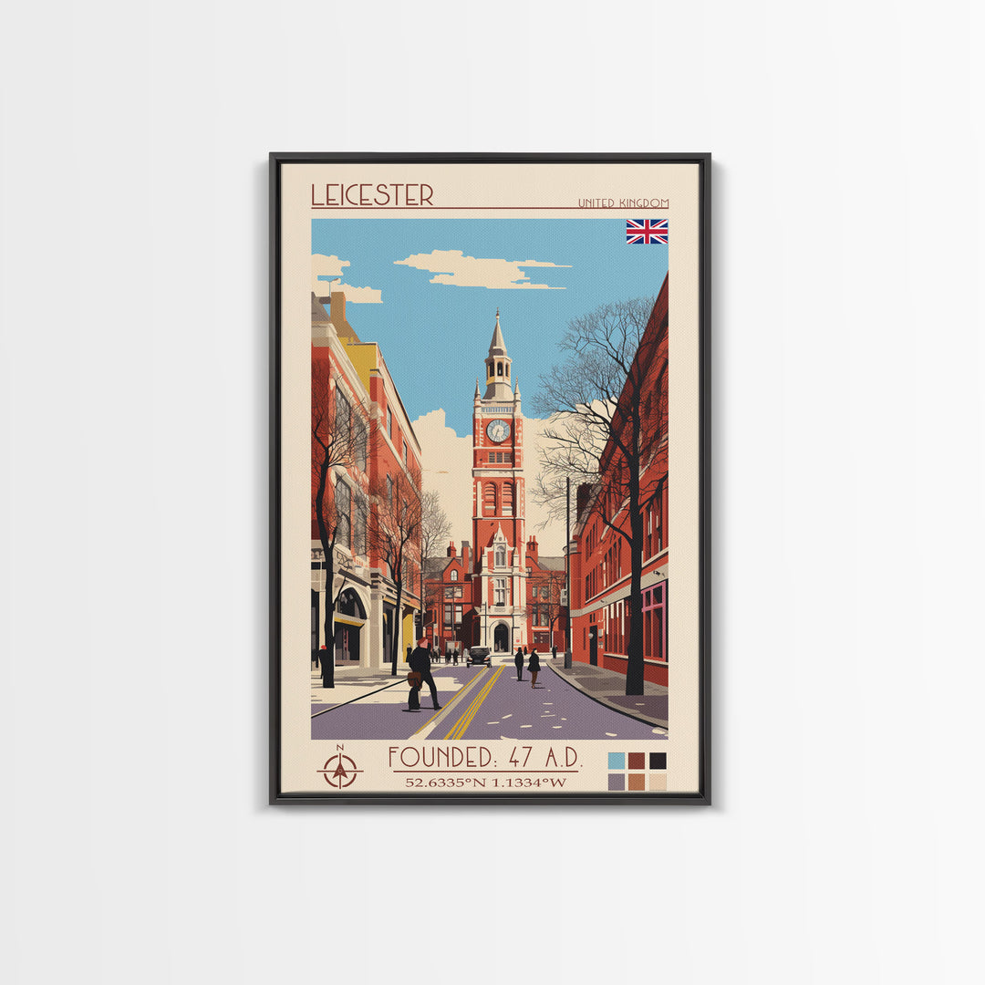 Leicester United Kingdom Travel Poster Framed Canvas Print, Midcentury Modern Art, Pop Art Wall Decor, Home Decor, Vacation Gift, Office Art
