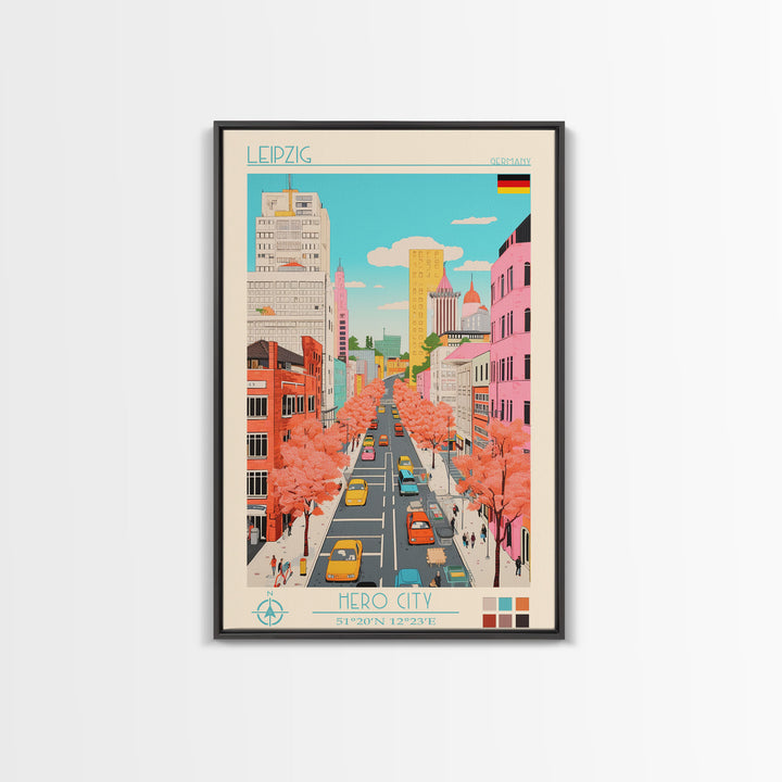 Leipzig Germany Travel Poster Framed Canvas Print, Midcentury Modern Art, Pop Art Wall Decor, Scenic Living Room Art, Bedroom Gift