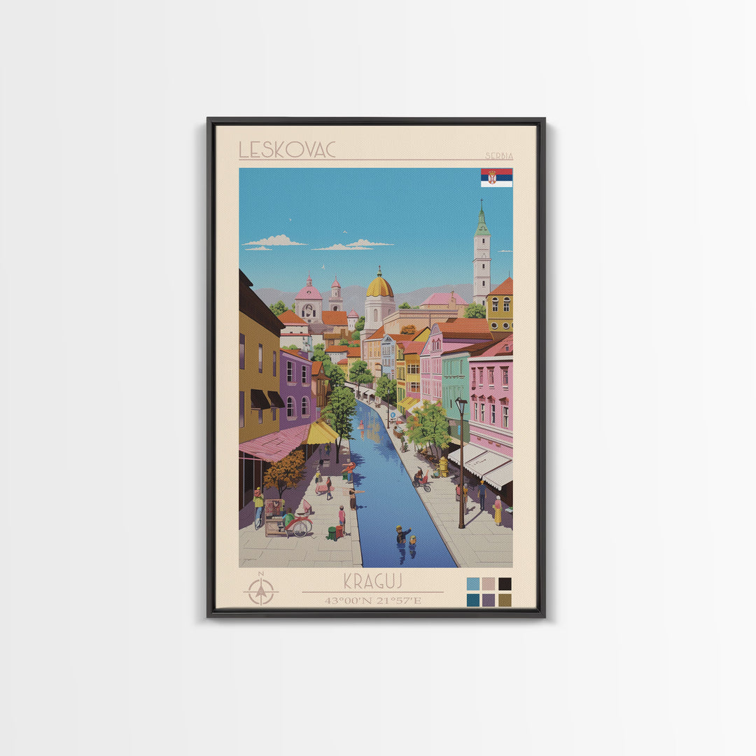 Leskovac Serbia Travel Poster Framed Canvas Print, Midcentury Modern Art, Pop Art Wall Decor, Scenic Wall Art, Living Room Decoration, Office Art