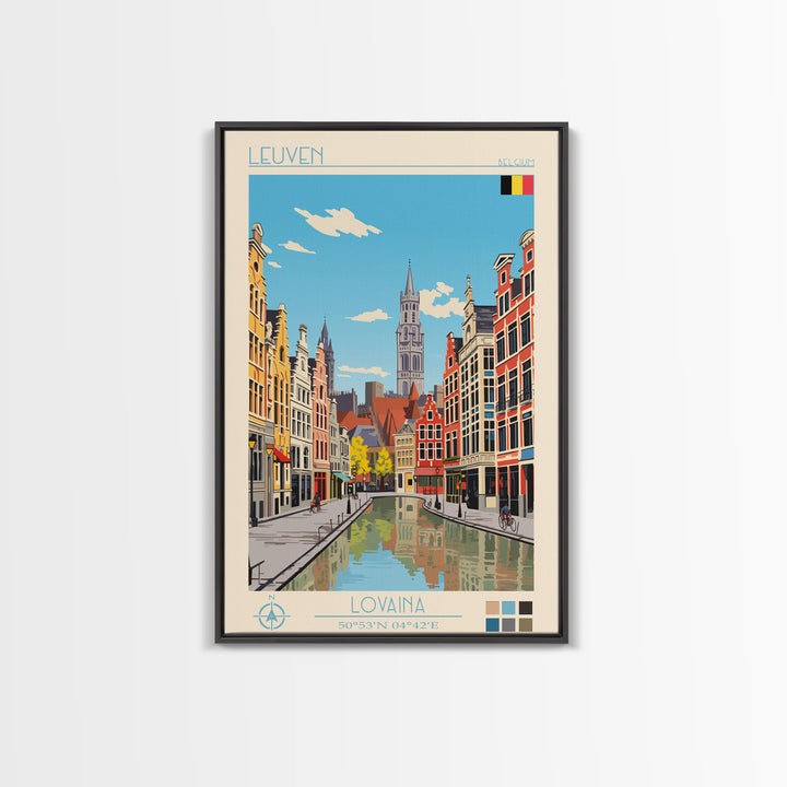 Leuven Belgium Travel Poster Framed Canvas Print, Midcentury Modern Art, Pop Art Wall Decor, Home Decor, Vacation Gift, Bedroom Art