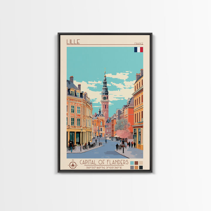Lille France Travel Poster Framed Canvas Print, Midcentury Modern Art, Pop Art Wall Decor, Scenic Wall Art, Bedroom Decoration, Office Art