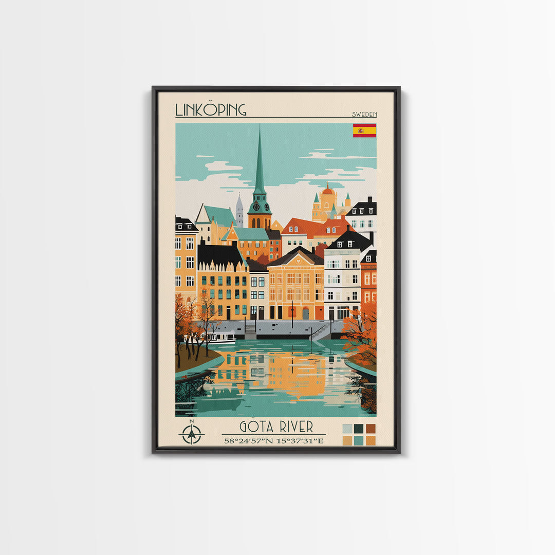 Linköping Sweden Travel Poster Framed Canvas Print, Midcentury Modern Art, Pop Art Wall Decor, Scenic Art, Home and Office Decoration