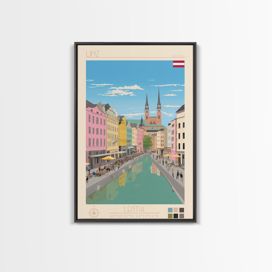 Linz Austria Travel Poster Framed Canvas Print, Wall Decor, Midcentury Modern Art, Pop Art, Scenic Art for Bedroom and Living Room