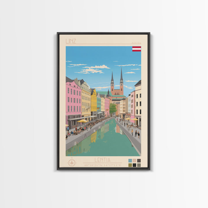 Linz Austria Travel Poster Framed Canvas Print, Wall Decor, Midcentury Modern Art, Pop Art, Scenic Art for Bedroom and Living Room