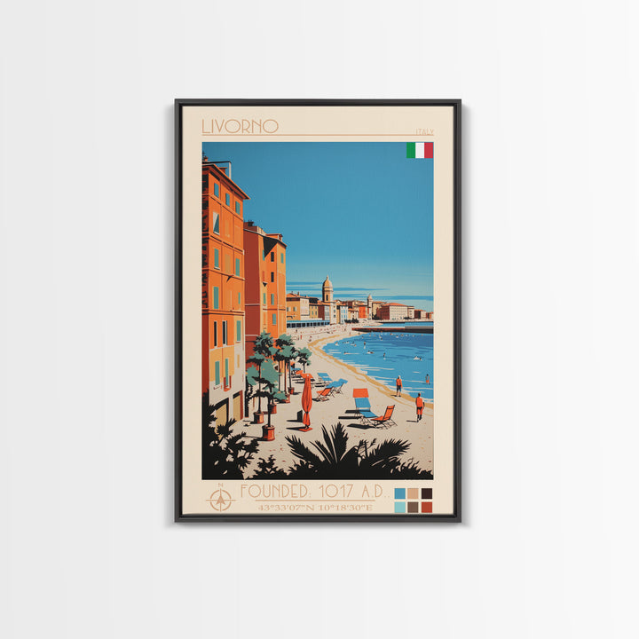 Livorno Italy Travel Poster Framed Canvas Print, Wall Decor, Midcentury Modern Art, Pop Art, Scenic Art for Bedroom and Office
