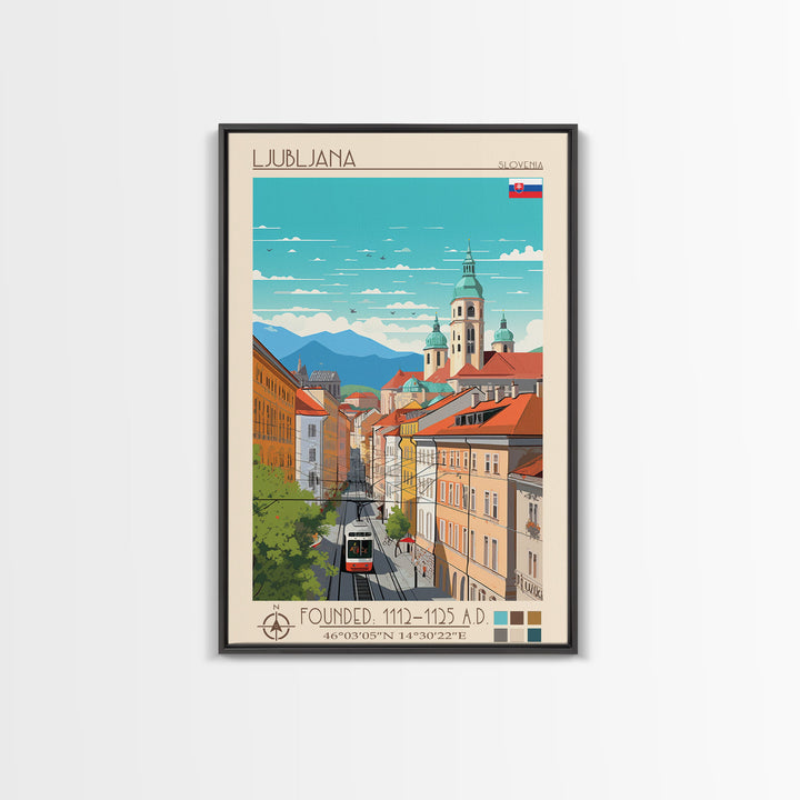 Ljubljana Slovenia Travel Poster Framed Canvas Print, Wall Decor, Midcentury Modern Art, Pop Art, Scenic Art for Bedroom and Living Room