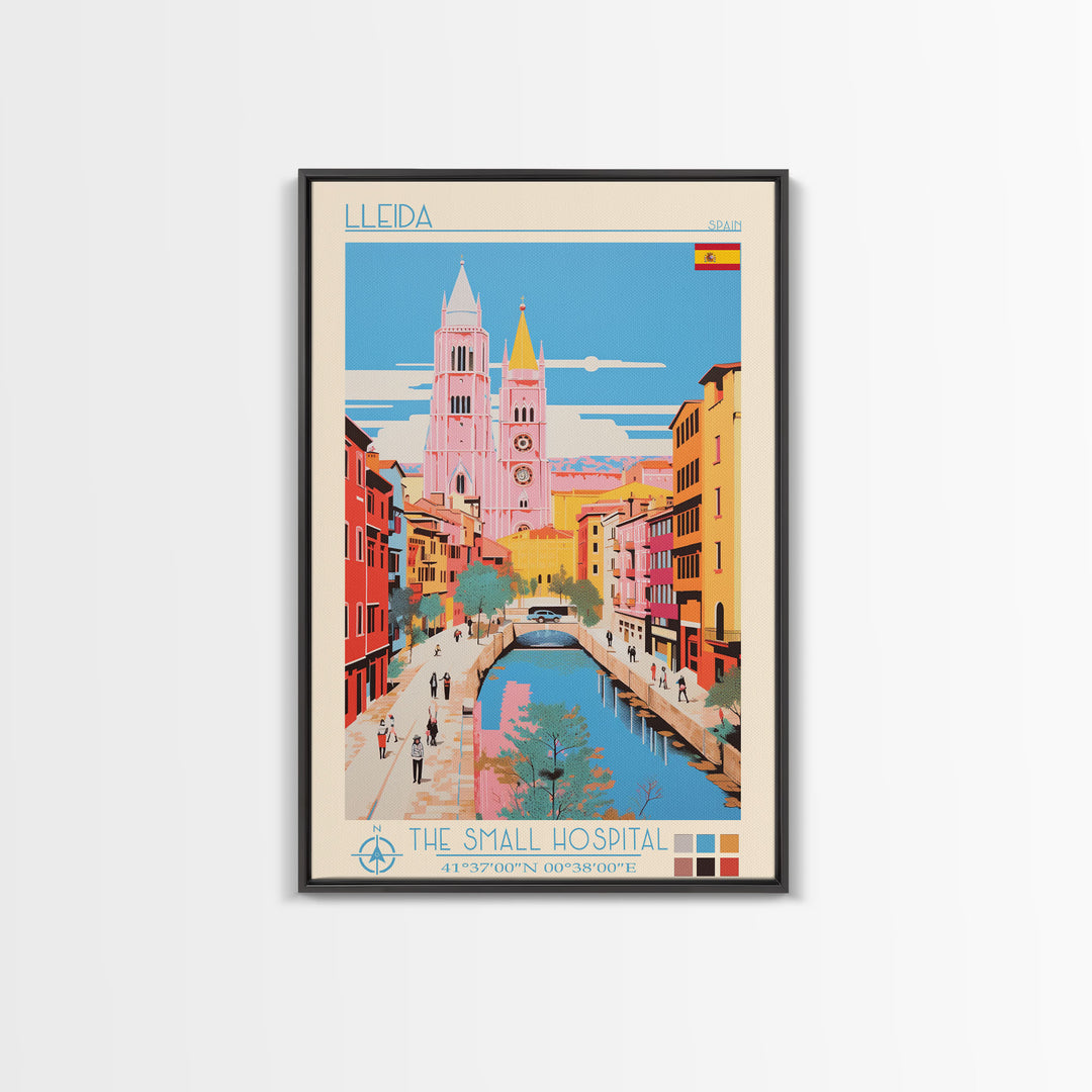 Lleida Spain Travel Poster Framed Canvas Print, Midcentury Modern Art, Pop Art Wall Decor, Scenic Art, Living Room and Office Gift