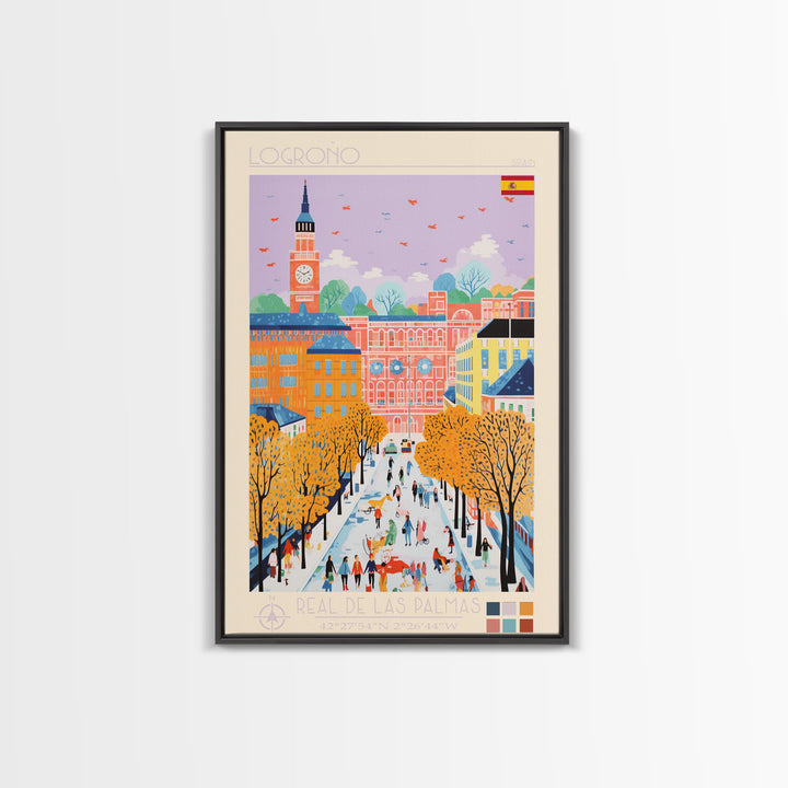 Logroño Spain Travel Poster Framed Canvas Print, Midcentury Modern Art, Pop Art Wall Decor, Scenic Art, Bedroom and Living Room Decor