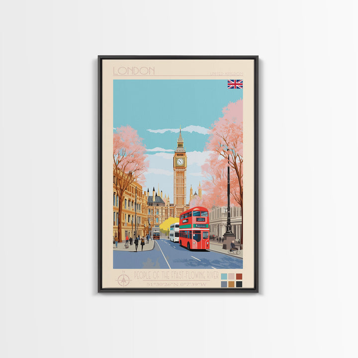 London United Kingdom Travel Poster Framed Canvas Print, Wall Decor, Midcentury Modern Art, Pop Art, Scenic Art for Office and Home