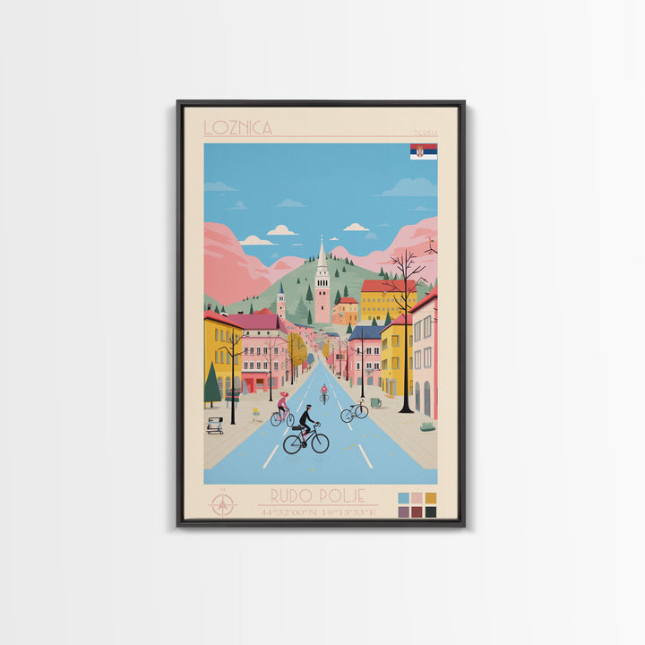 Loznica Serbia Travel Poster Framed Canvas Print, Midcentury Modern Art, Pop Art Wall Decor, Scenic Art, Home and Office Decoration