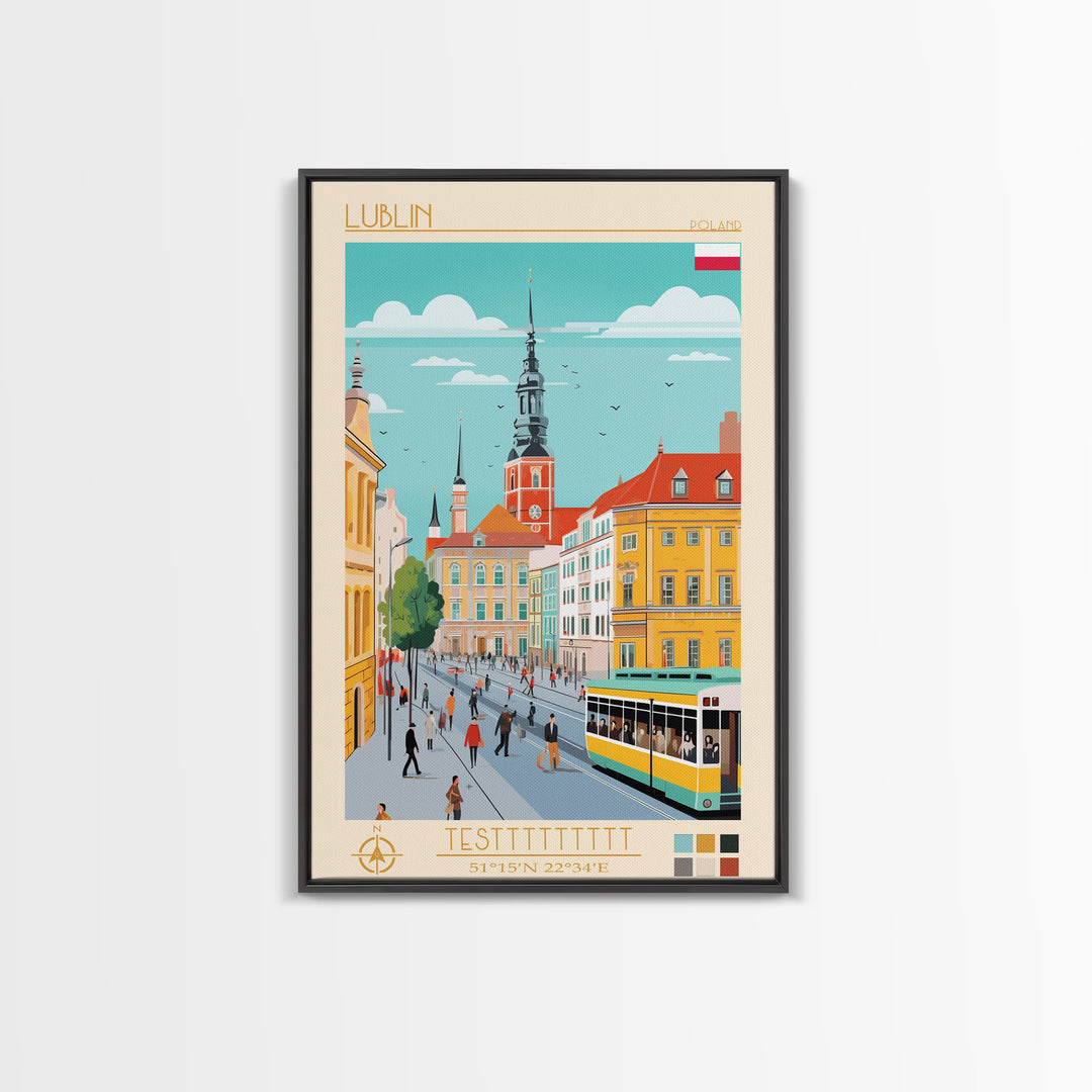 Lublin Poland Travel Poster Framed Canvas Print, Wall Decor, Midcentury Modern Art, Pop Art, Scenic Art for Bedroom and Living Room