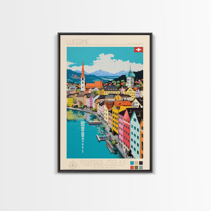 Lucerne Switzerland Travel Poster Framed Canvas Print, Midcentury Modern Art, Pop Art Wall Decor, Scenic Art, Living Room and Office Gift
