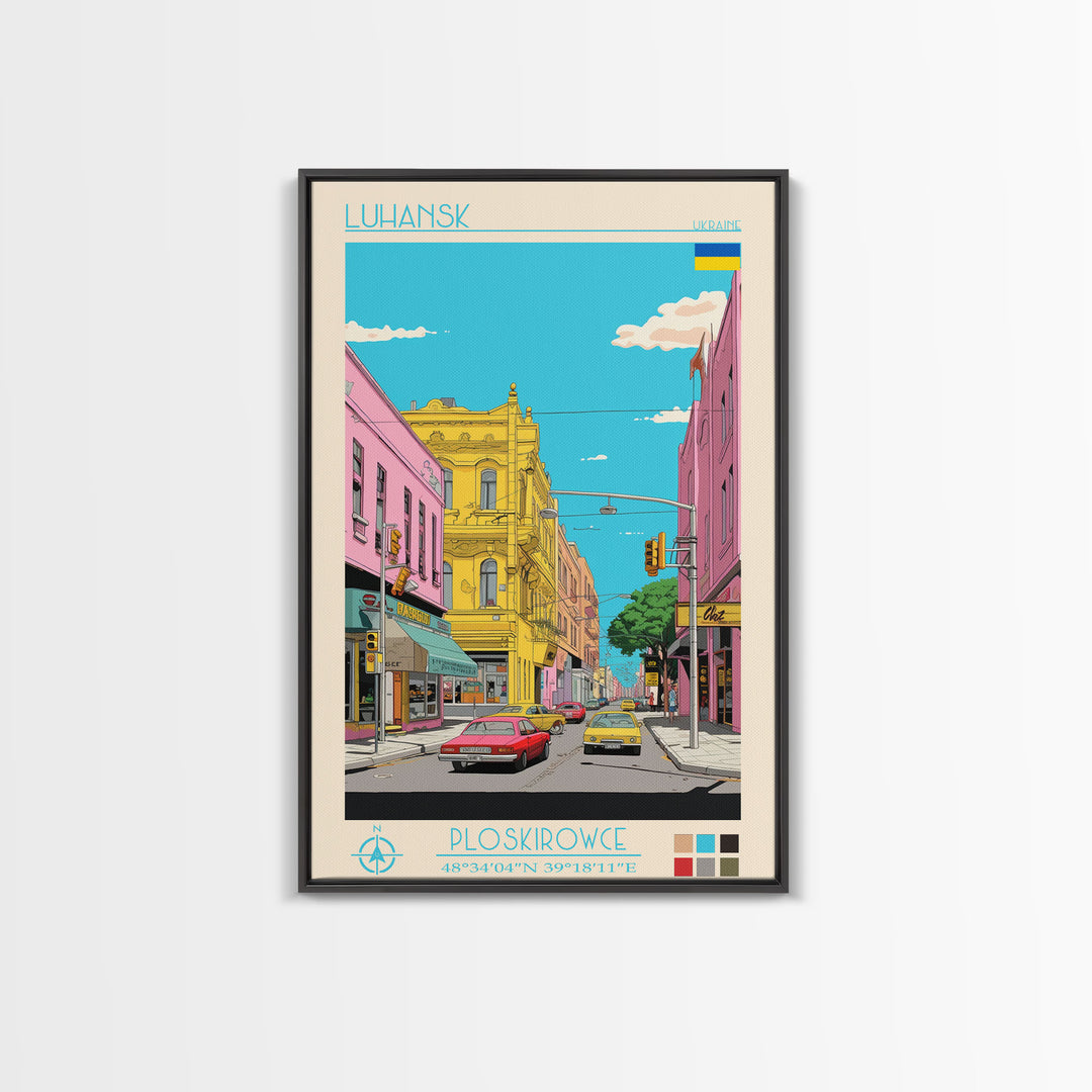 Luhansk Ukraine Travel Poster Framed Canvas Print, Wall Decor, Midcentury Modern Art, Pop Art, Scenic Art for Bedroom and Office
