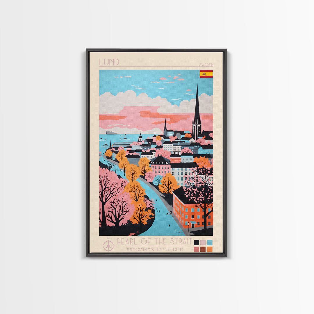 Lund Sweden Travel Poster Framed Canvas Print, Midcentury Modern Art, Pop Art Wall Decor, Scenic Art, Home and Office Decoration