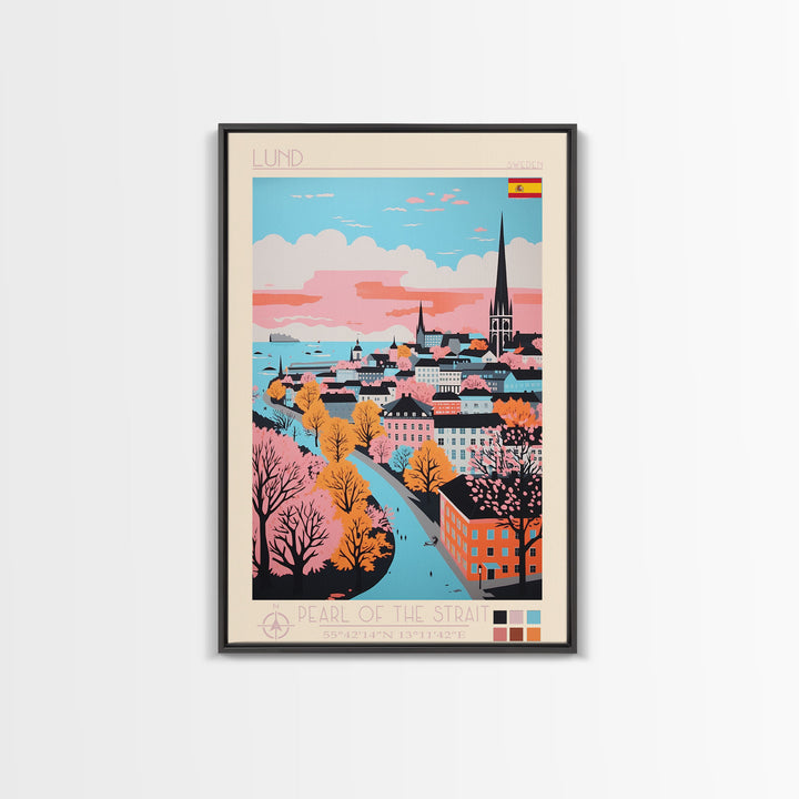 Lund Sweden Travel Poster Framed Canvas Print, Midcentury Modern Art, Pop Art Wall Decor, Scenic Art, Home and Office Decoration
