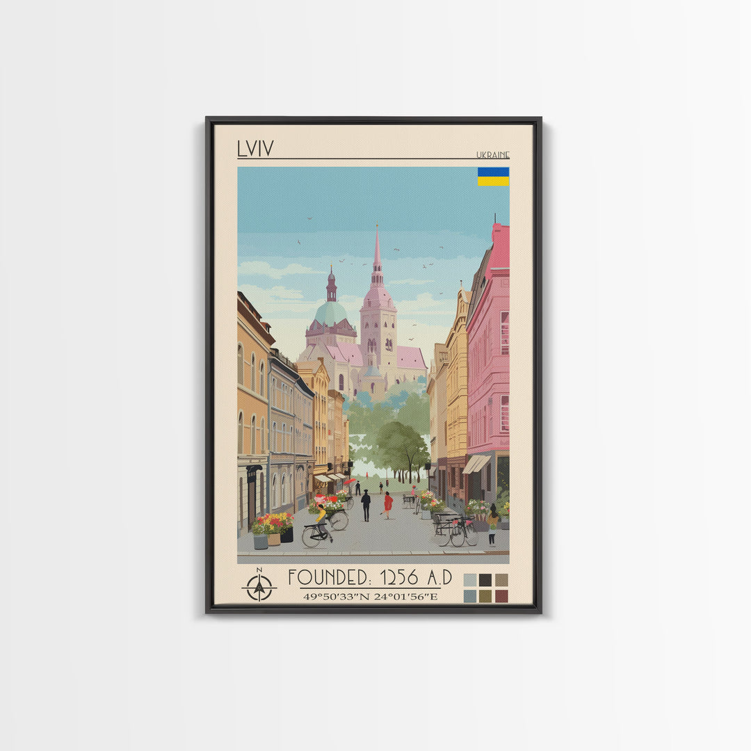 Lviv Ukraine Travel Poster Framed Canvas Print, Wall Decor, Midcentury Modern Art, Pop Art, Scenic Art for Home and Office
