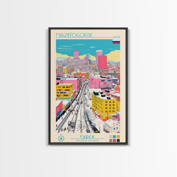Magnitogorsk Russia Travel Poster Framed Canvas Print, Midcentury Modern Art, Pop Art Wall Decor, Scenic Living Room Art, Bedroom Gift