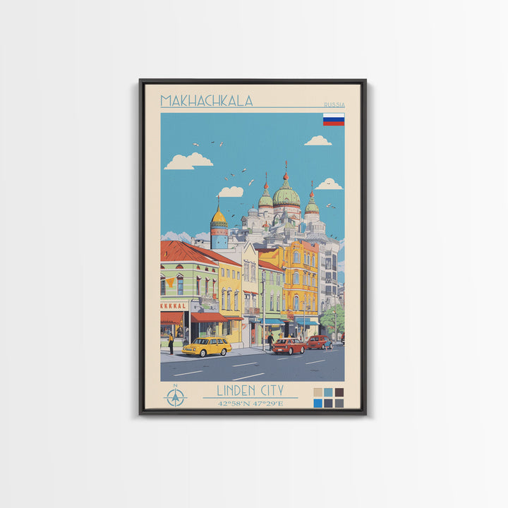 Makhachkala Russia Travel Poster Framed Canvas Print, Midcentury Modern Art, Pop Art Wall Decor, Scenic Wall Art, Living Room Decoration, Office Art