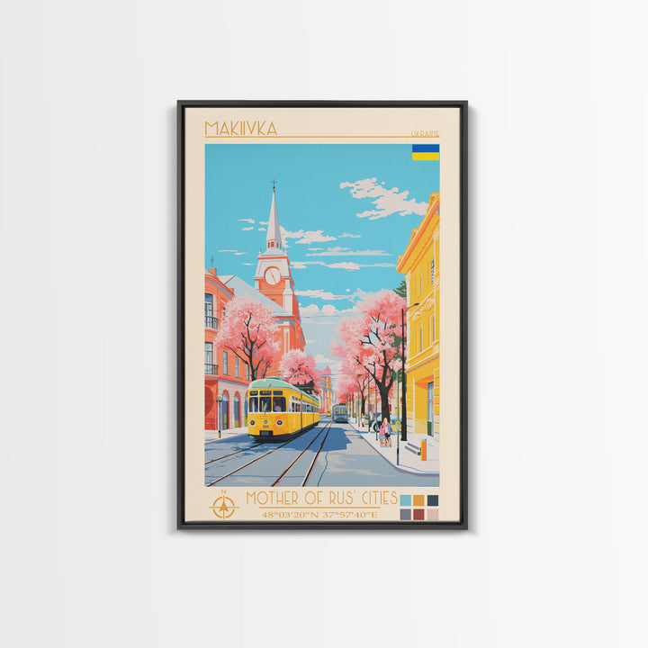 Makiivka Ukraine Travel Poster Framed Canvas Print, Midcentury Modern Art, Pop Art Wall Decor, Home Decor, Vacation Gift, Bedroom Art