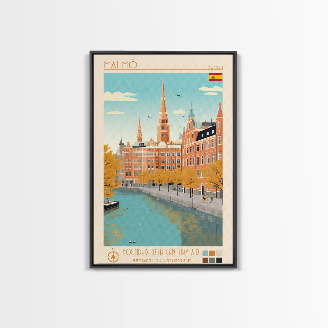 Malmö Sweden Travel Poster Framed Canvas Print, Midcentury Modern Art, Pop Art Wall Decor, Scenic Wall Art, Bedroom Decoration