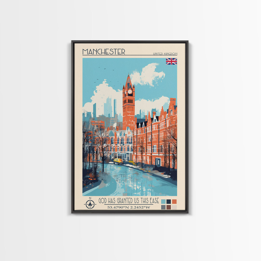 Manchester United Kingdom Travel Poster Framed Canvas Print, Midcentury Modern Art, Pop Art Wall Decor, Scenic Wall Art, Living Room Decoration, Office Art