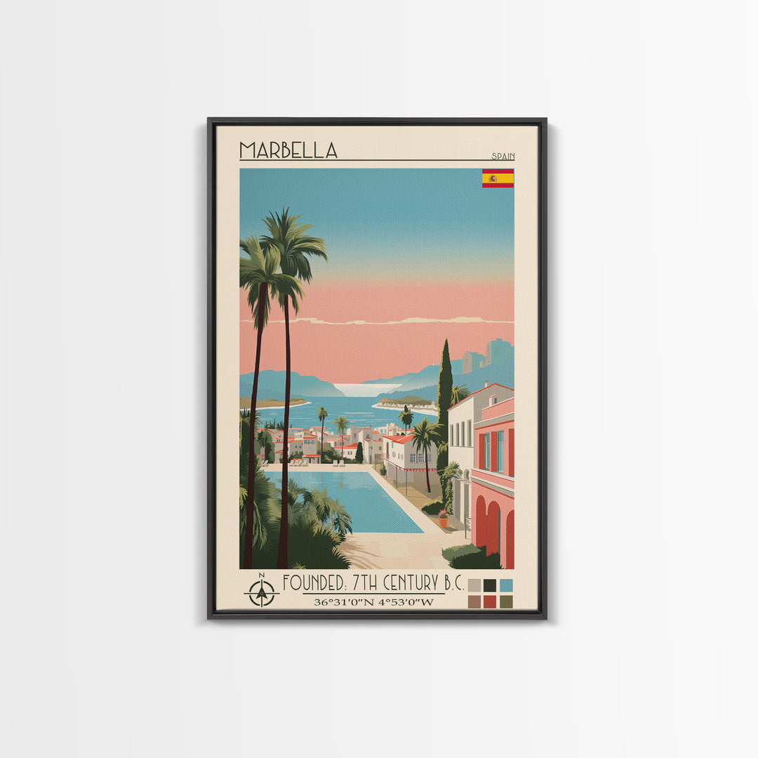Marbella Spain Travel Poster Framed Canvas Print, Midcentury Modern Art, Pop Art Wall Decor, Scenic Living Room Art, Bedroom Decor