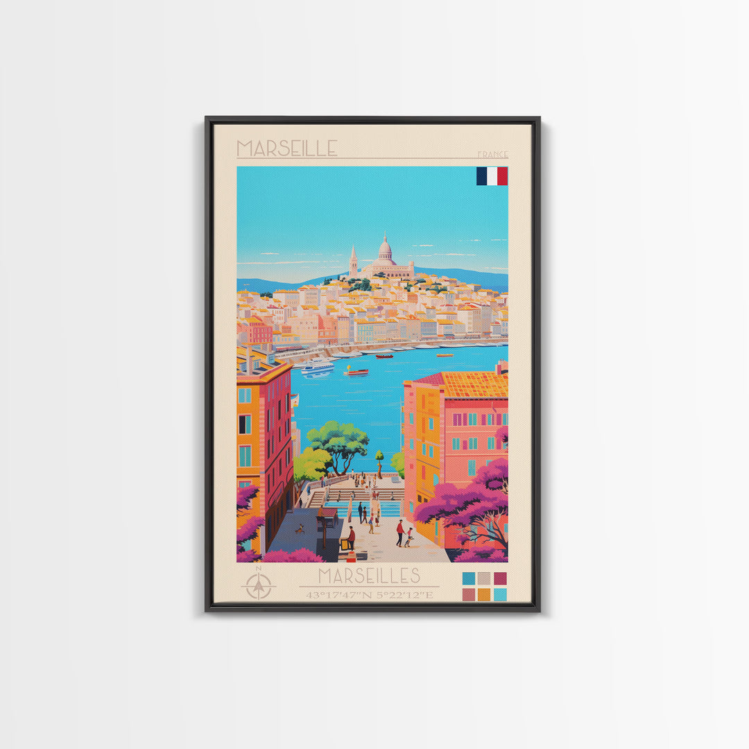 Marseille France Travel Poster Framed Canvas Print, Midcentury Modern Art, Pop Art Wall Decor, Scenic Living Room Art, Bedroom Gift