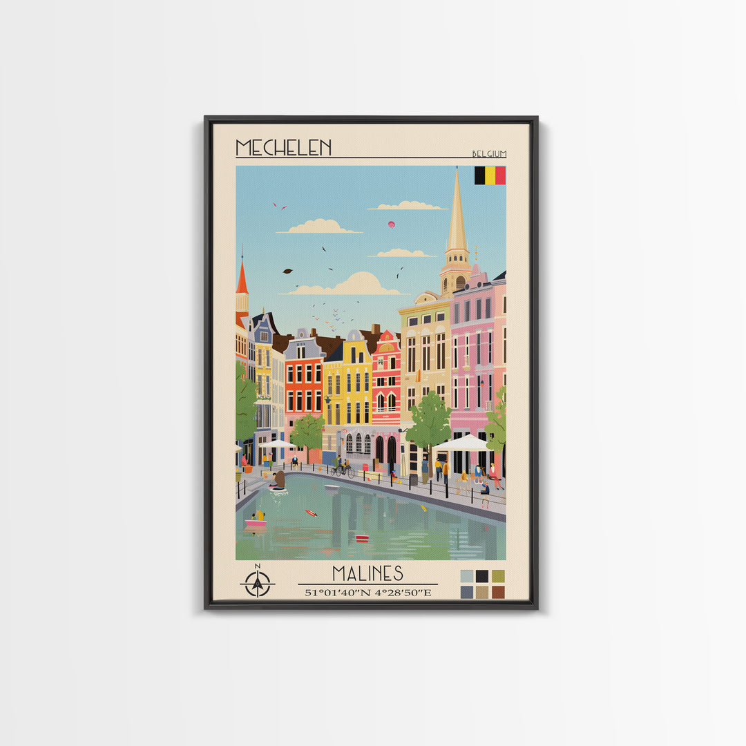 Mechelen Belgium Travel Poster Framed Canvas Print, Midcentury Modern Art, Pop Art Wall Decor, Home Decor, Vacation Gift, Bedroom Art