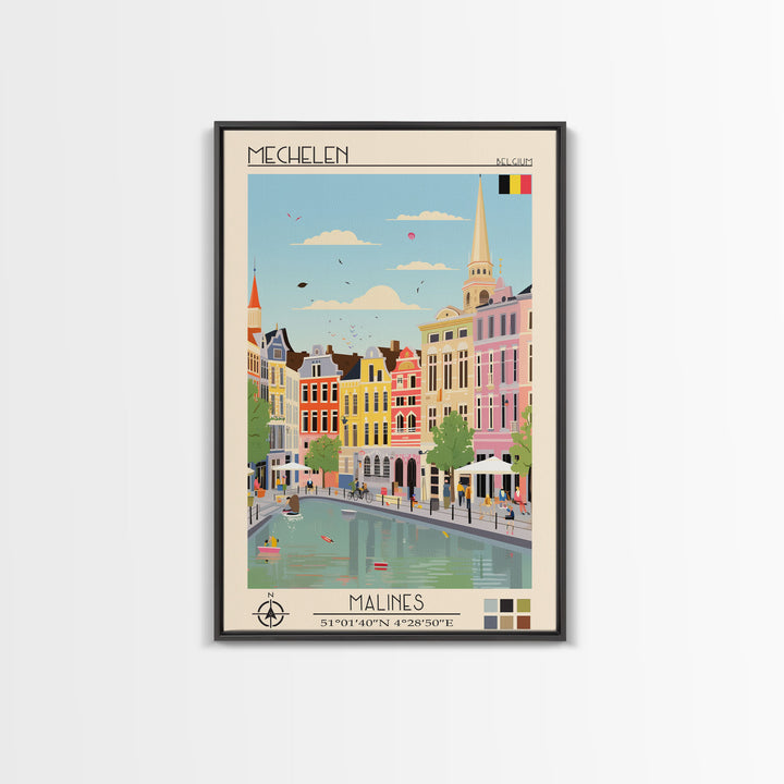 Mechelen Belgium Travel Poster Framed Canvas Print, Midcentury Modern Art, Pop Art Wall Decor, Home Decor, Vacation Gift, Bedroom Art