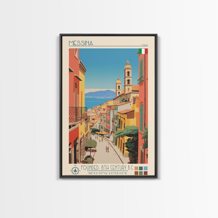 Messina Italy Travel Poster Framed Canvas Print, Midcentury Modern Art, Pop Art Wall Decor, Scenic Wall Art, Bedroom Decoration