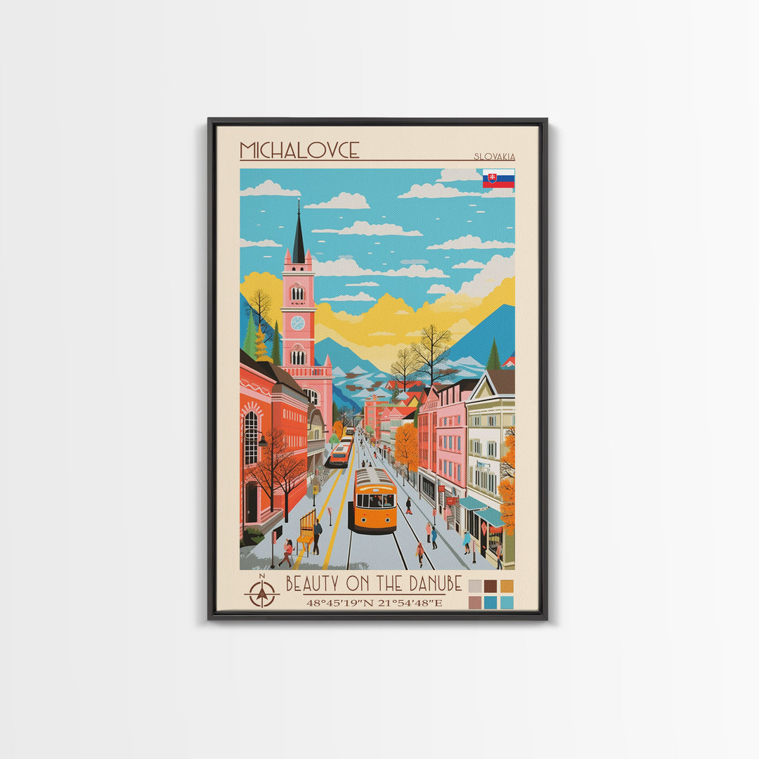 Michalovce Slovakia Travel Poster Framed Canvas Print, Midcentury Modern Art, Pop Art Wall Decor, Scenic Wall Art, Living Room Decoration, Office Art