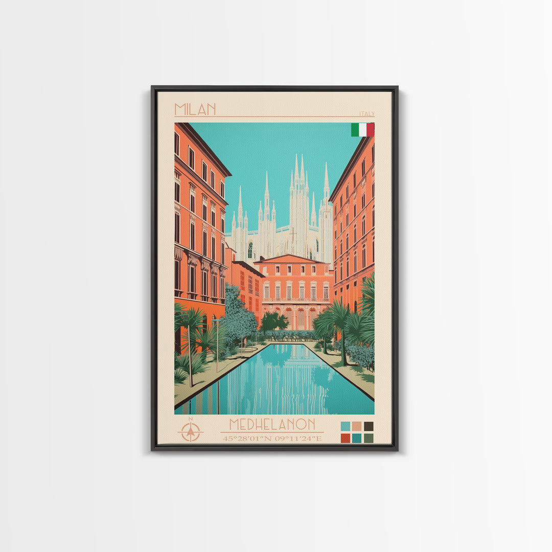 Milan Italy Travel Poster Framed Canvas Print, Midcentury Modern Art, Pop Art Wall Decor, Scenic Bedroom Art, Office Decoration