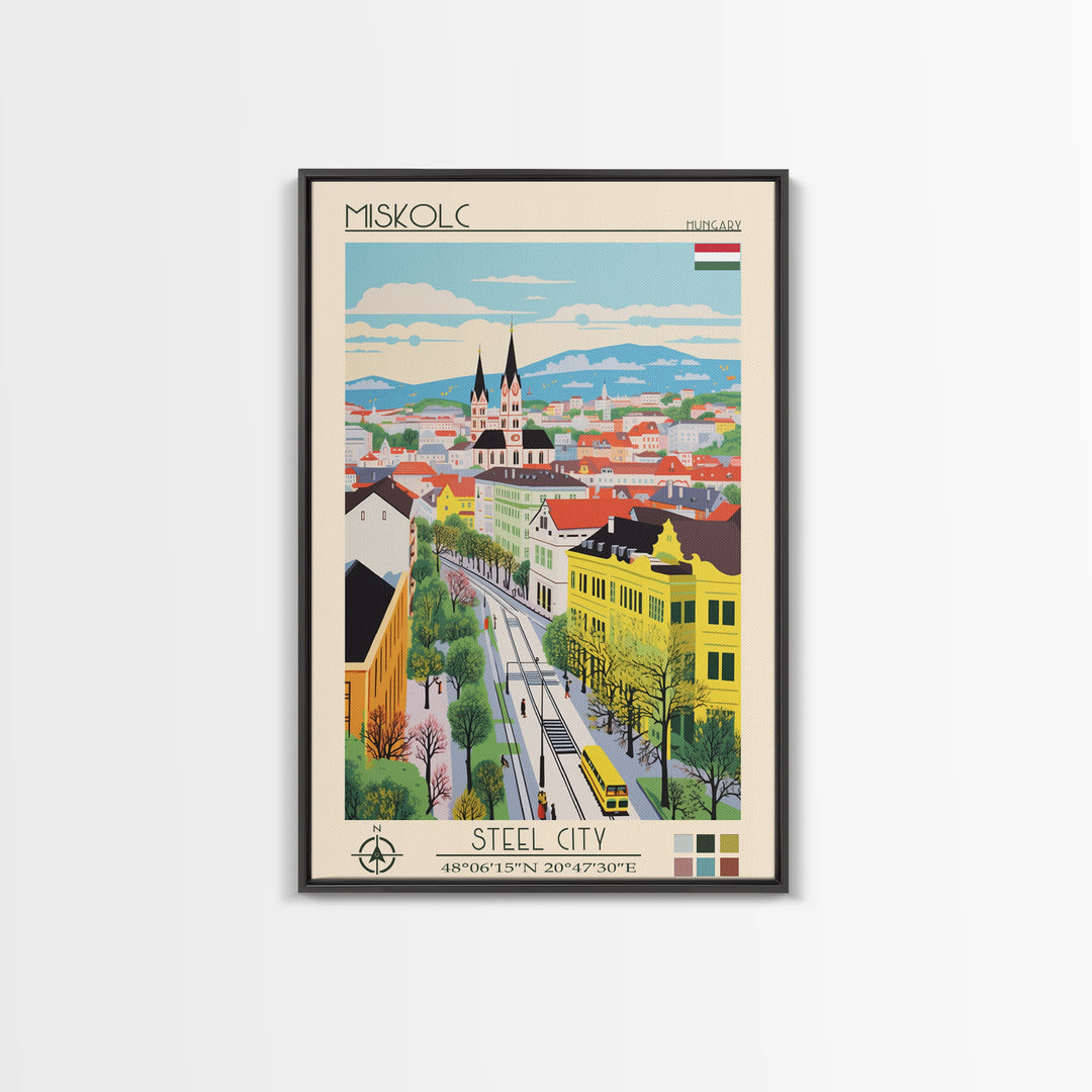 Miskolc Hungary Travel Poster Framed Canvas Print, Midcentury Modern Art, Pop Art Wall Decor, Scenic Living Room Art, Bedroom Decor
