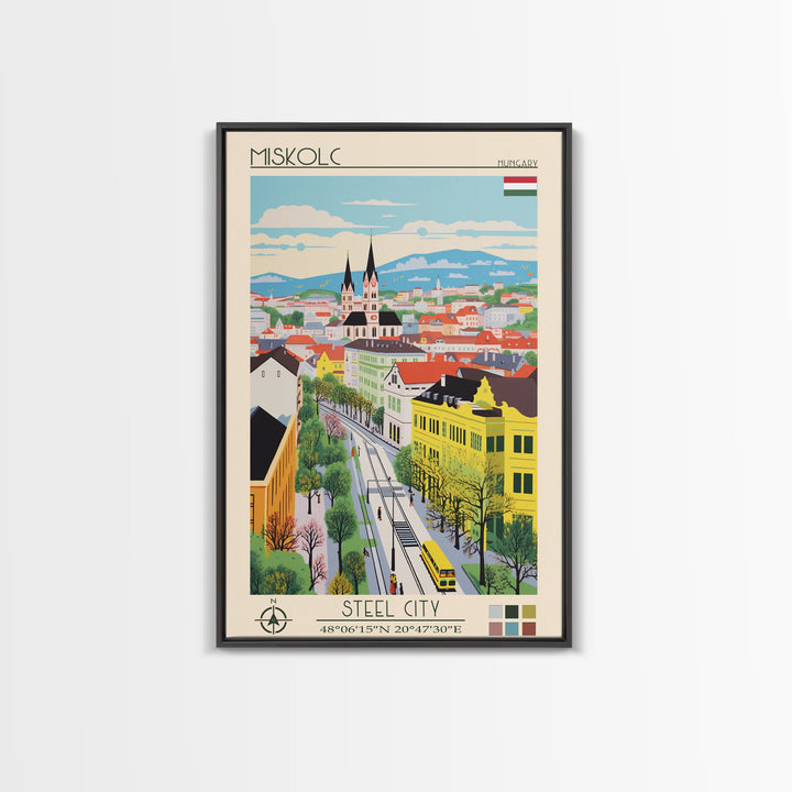 Miskolc Hungary Travel Poster Framed Canvas Print, Midcentury Modern Art, Pop Art Wall Decor, Scenic Living Room Art, Bedroom Decor
