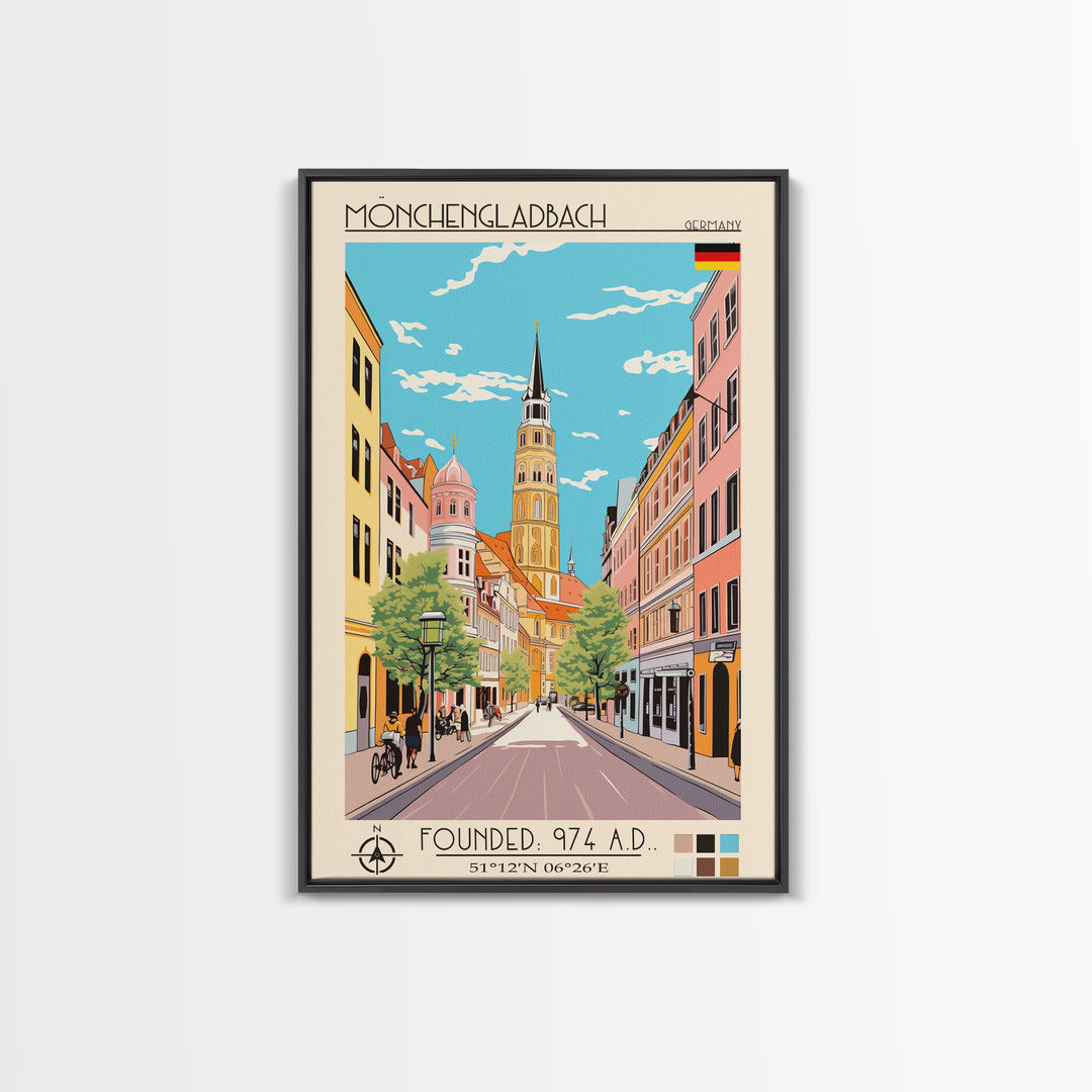 Mönchengladbach Germany Travel Poster Framed Canvas Print, Midcentury Modern Art, Pop Art Wall Decor, Scenic Living Room Art, Bedroom Gift