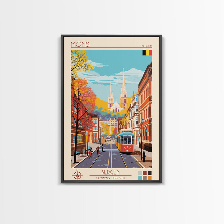 Mons Belgium Travel Poster Framed Canvas Print, Midcentury Modern Art, Pop Art Wall Decor, Home Decor, Vacation Gift, Office Art