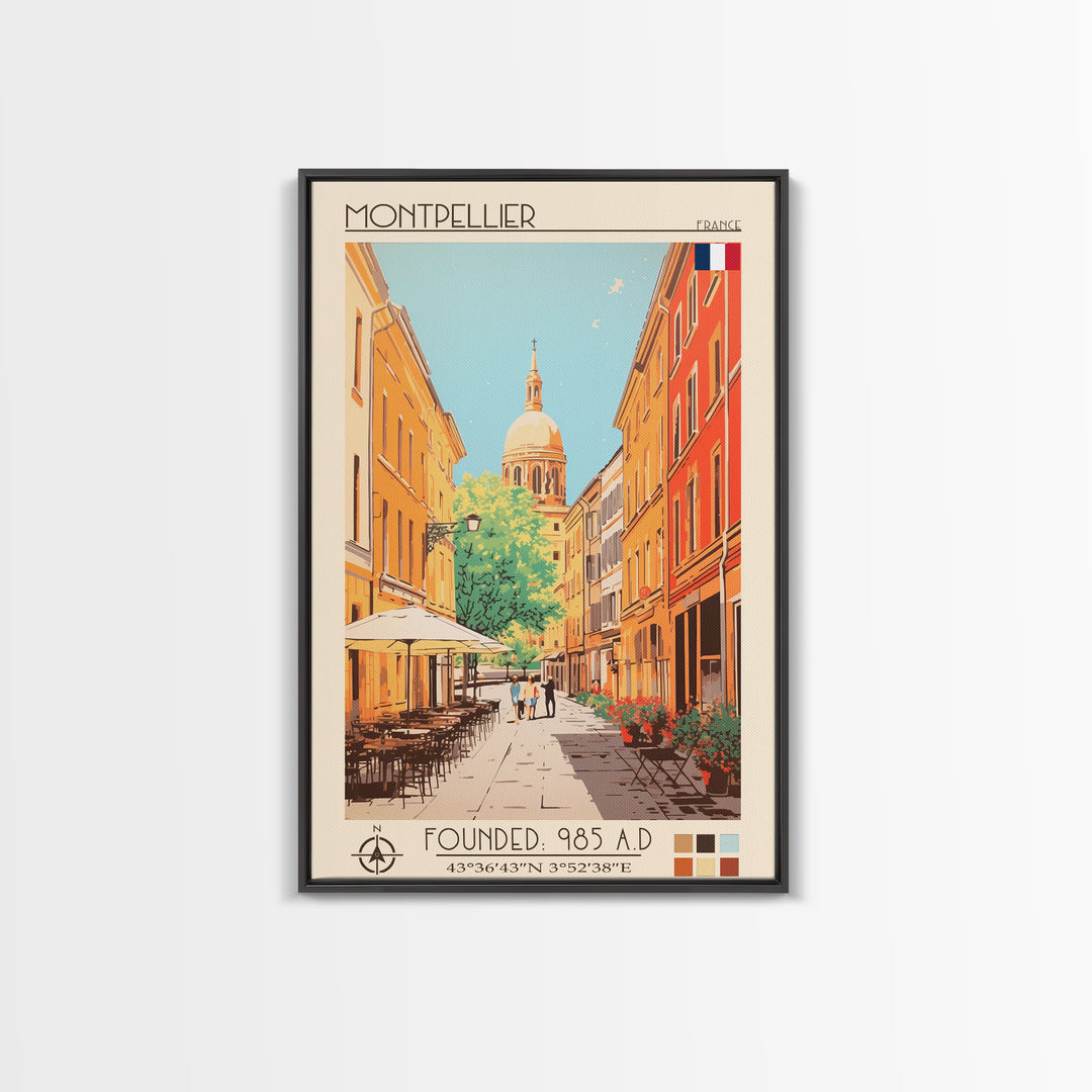 Montpellier France Travel Poster Framed Canvas Print, Midcentury Modern Art, Pop Art Wall Decor, Scenic Living Room Art, Bedroom Gift