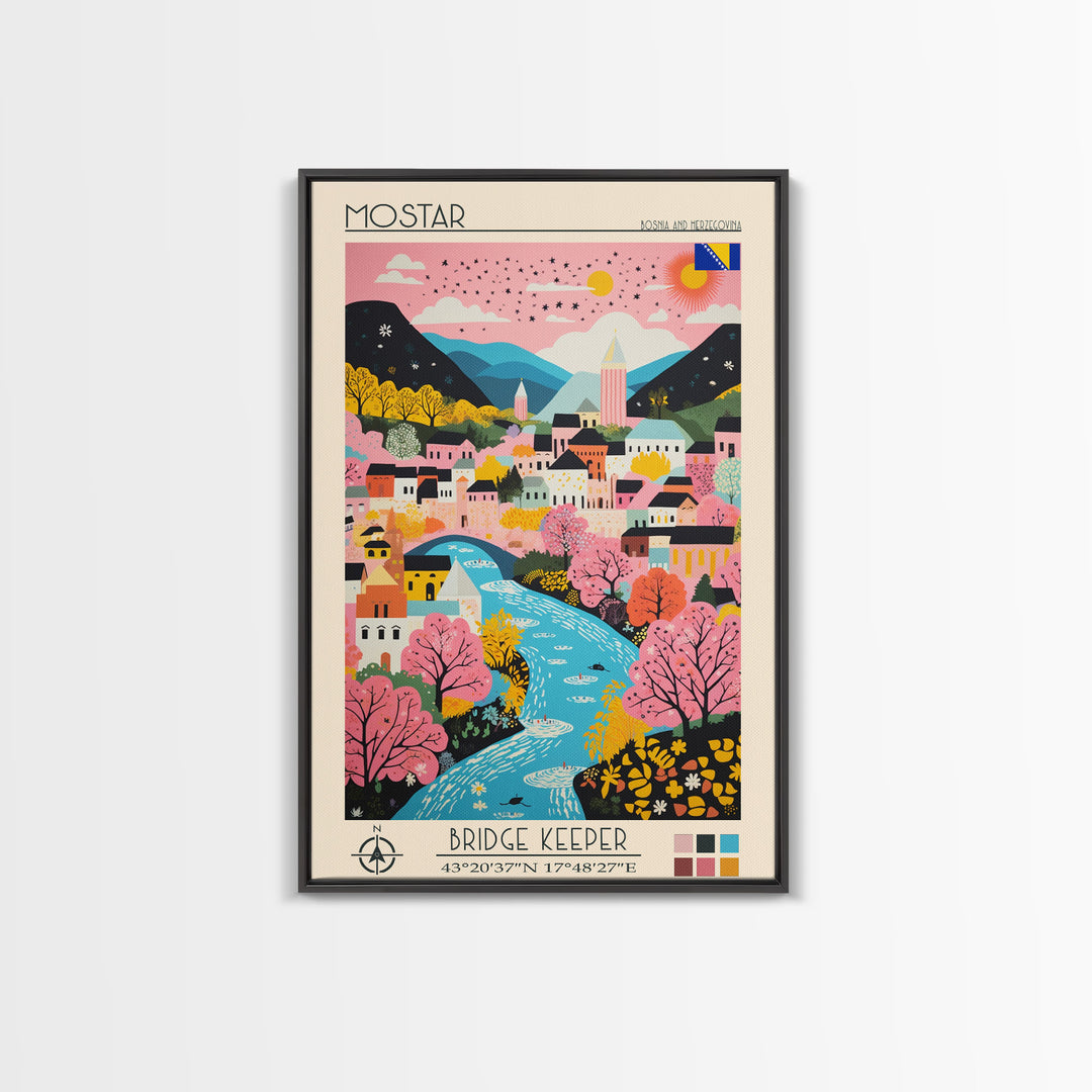 Mostar Bosnia and Herzegovina Travel Poster Framed Canvas Print, Midcentury Modern Art, Pop Art Wall Decor, Home Decor, Vacation Gift, Bedroom Art