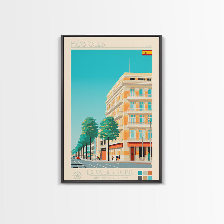 Mostoles Spain Travel Poster Framed Canvas Print, Midcentury Modern Art, Pop Art Wall Decor, Home Decor, Vacation Gift, Office Art