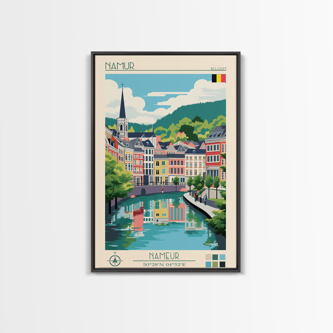 Namur Belgium Travel Poster Framed Canvas Print, Midcentury Modern Art, Pop Art Wall Decor, Scenic Wall Art, Living Room Decoration, Office Gift